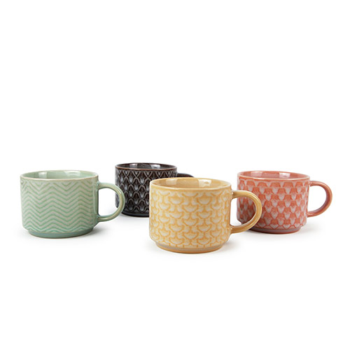 stackable embossed ceramic mugs