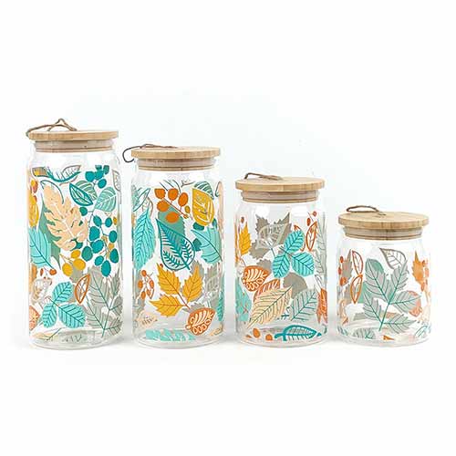 glass canister jar set with decal design