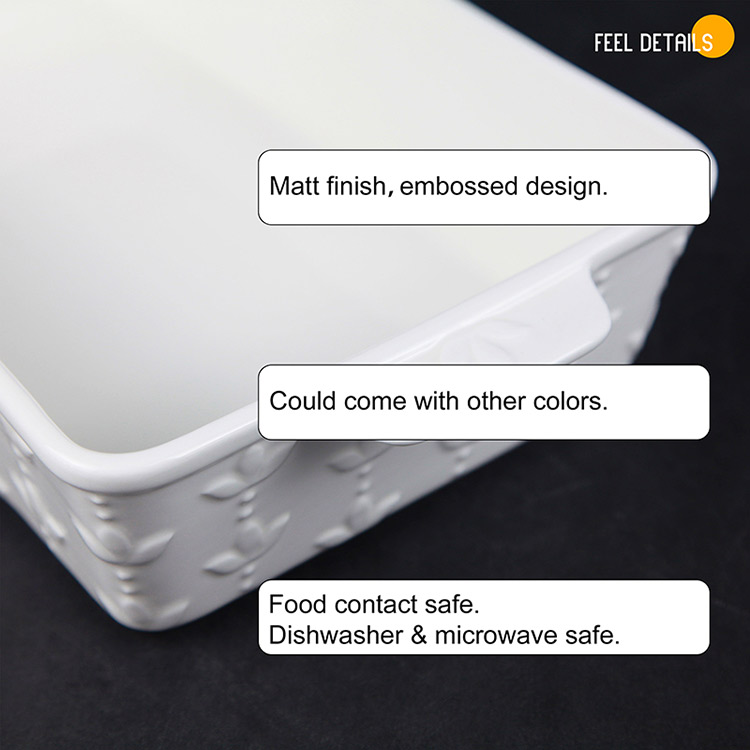 embossed white ceramic bakeware