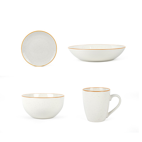 white porcelain dinner set with rim and speckle