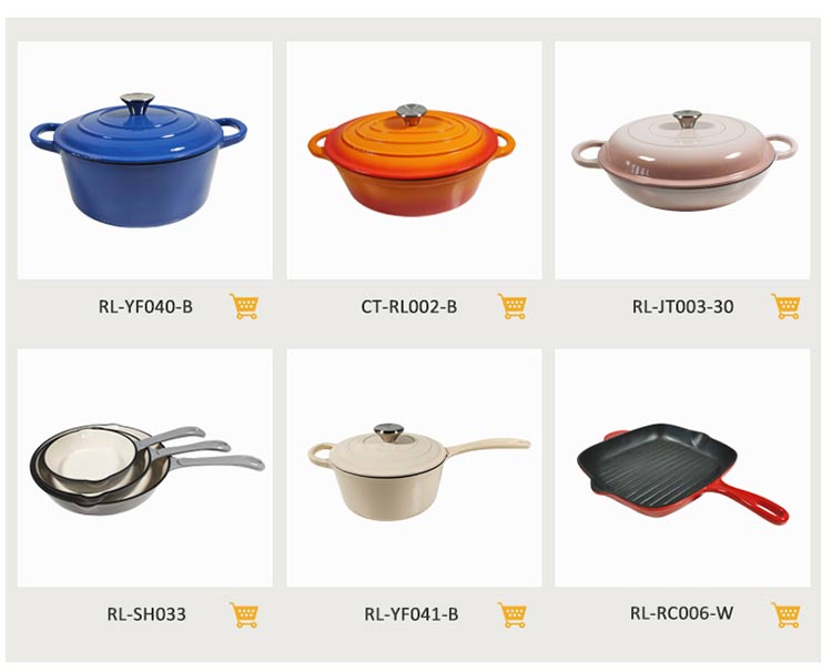 enamel cast iron cookware, casserole, fry pan, saucepan, grill pan