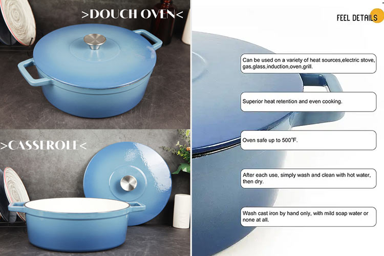 blue color enamel cast iron dutch oven with self-basting lid