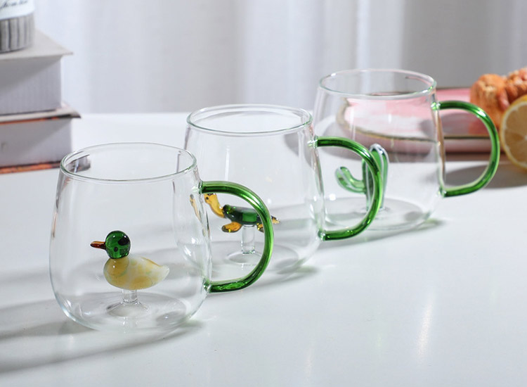 custom clear glass cup with handle and colorful design