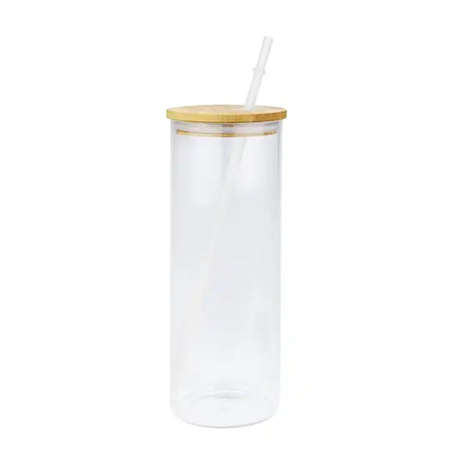 frosted glass cup with lid and straw