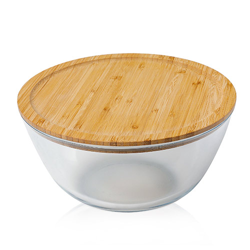 clear glass bowl with bamboo lid