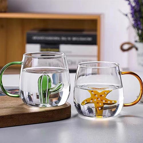 wholesale clear glass cup with handle and colorful design