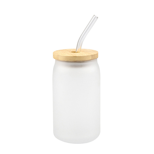 frosted glass tumbler with bamboo lid and straw