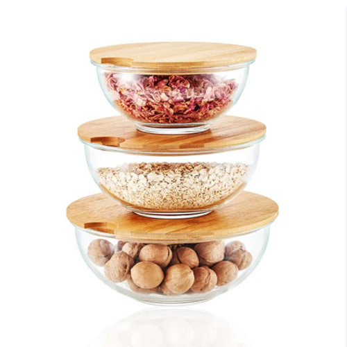 OEM clear glass bowl with bamboo lid