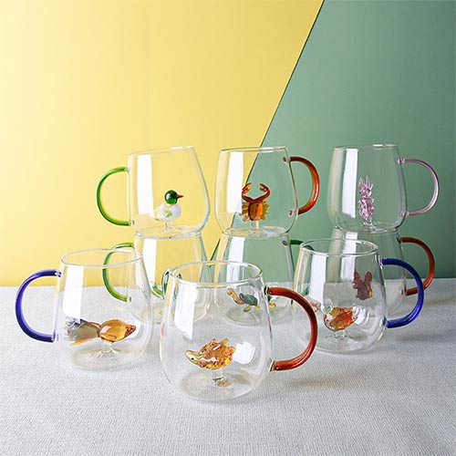 clear glass mugs with handle and colorful design
