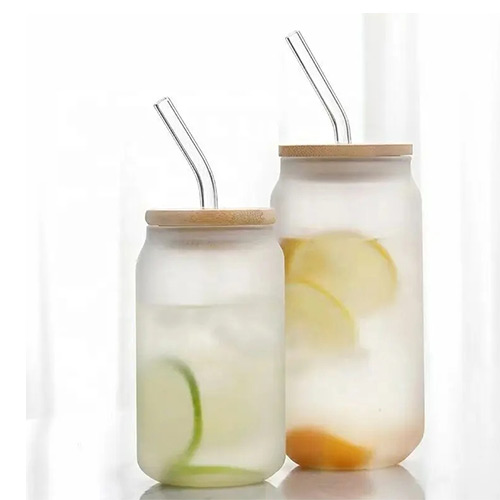 wholesale frosted glass tumbler with bamboo lid