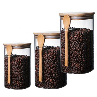 square shape glass storage jars with bamboo spoon