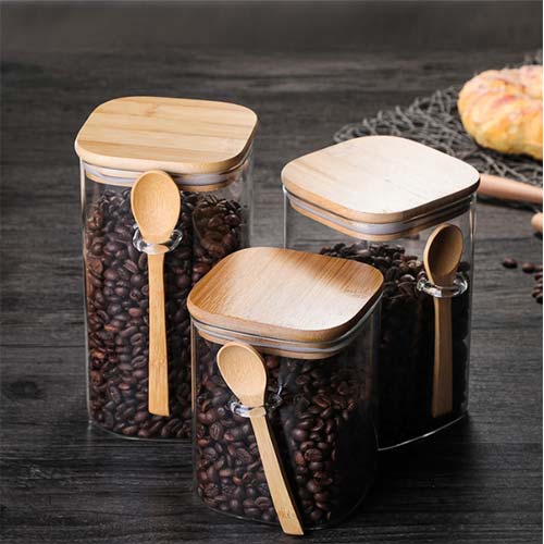 wholesale square glass storage jars with bamboo lid and spoon