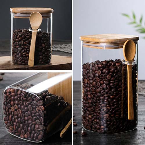 set of 3 square glass storage jars with bamboo lid and spoon