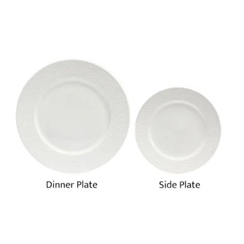 white dinner plates with embossed design