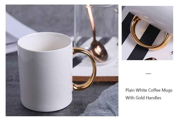 white ceramic coffee mugs with gold handles