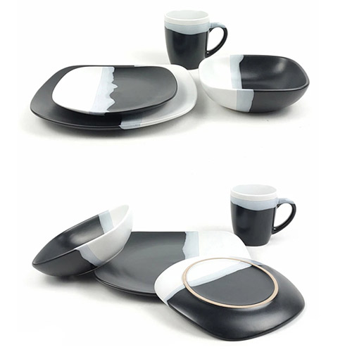 black white spliced rounded square tableware set