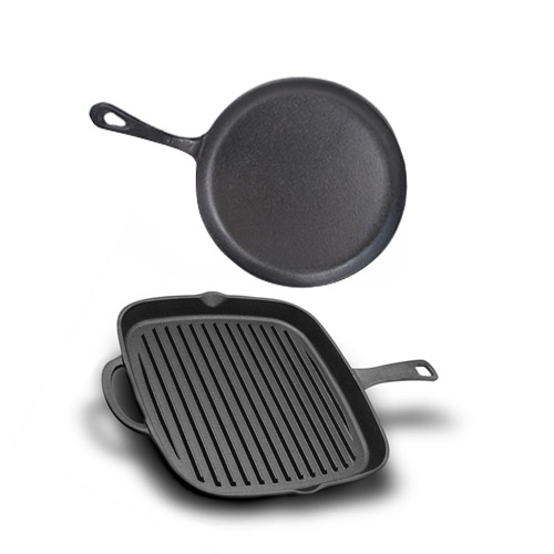 black cast iron skillet and grill pan