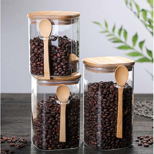 oem square glass storage jars with bamboo lid and spoon set of 3