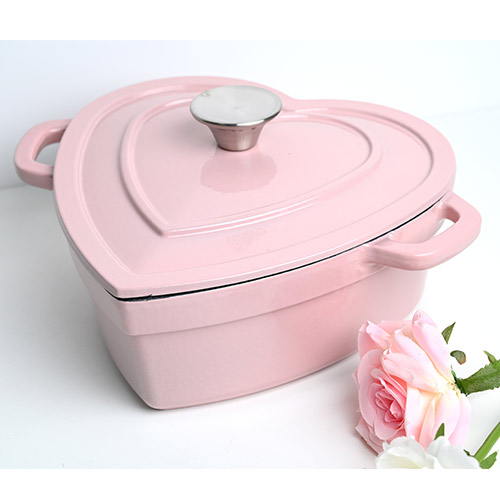 heart-shaped pink cast iron casserole