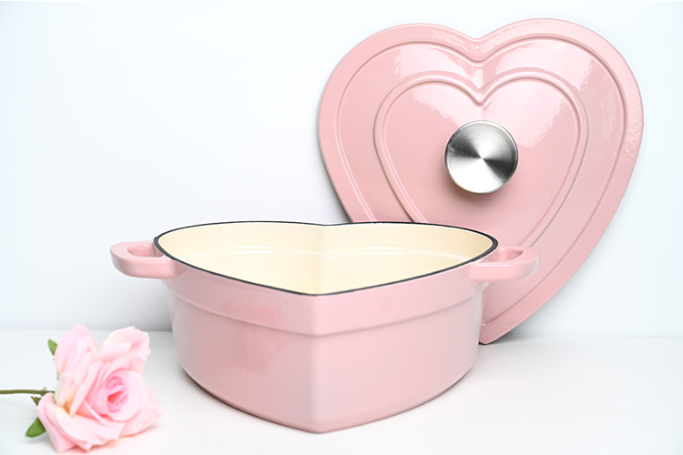 pink heart-shaped enamel cast iron casserole