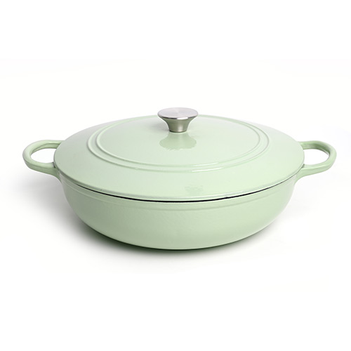 green enameled cast iron shallow pot