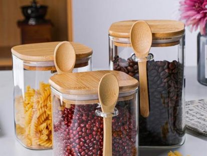 custom square glass storage jar with spoon
