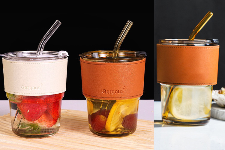 wholesale 450ml bamboo shaped coffee glass cup with lid and straw
