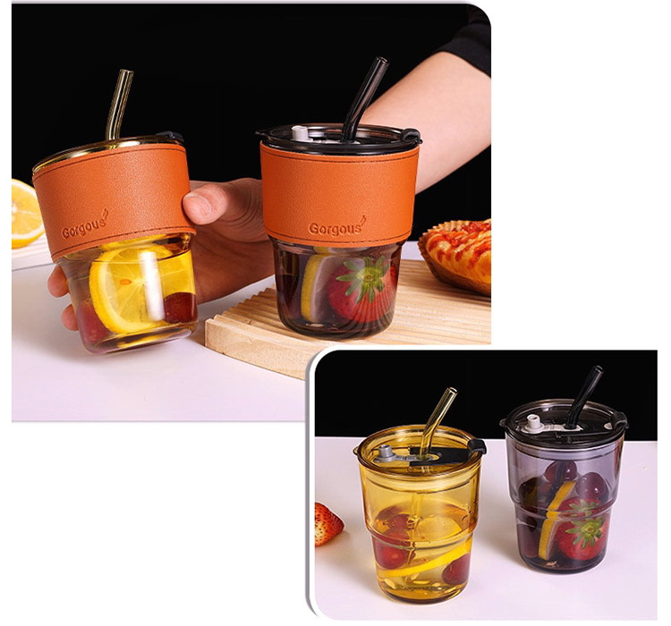 wholesale 450ml bamboo shape coffee glass with lid and straw