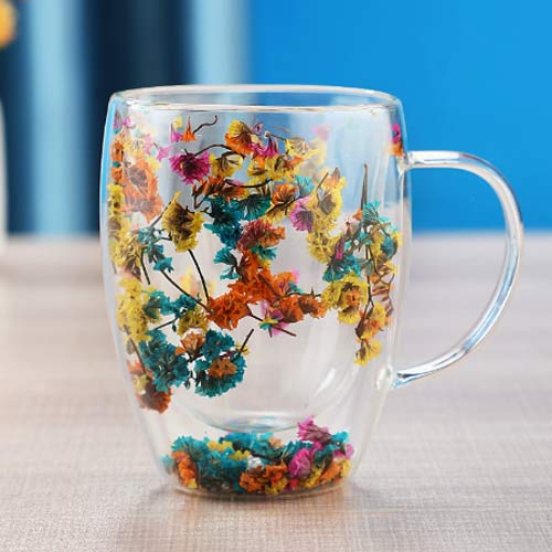 350ml borosilicate double-wall glass cups with flower inside