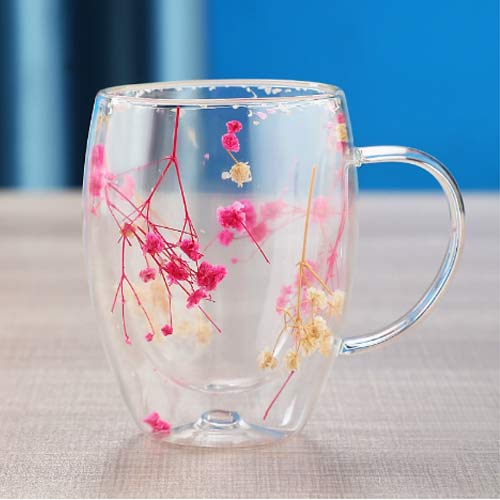 350ml borosilicate double-wall glass cups with flower inside