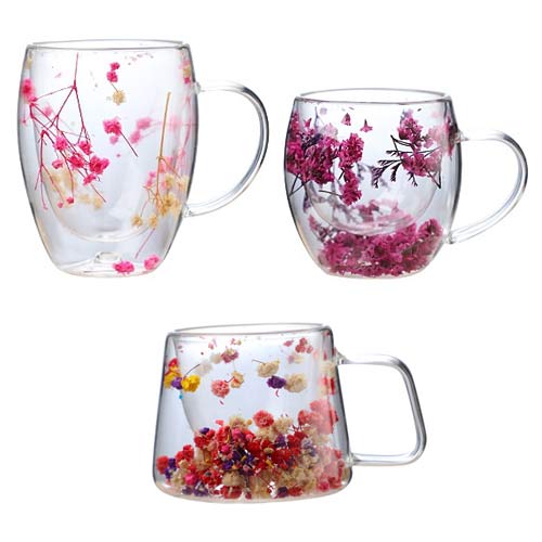 borosilicate double-wall glass cups with flower inside