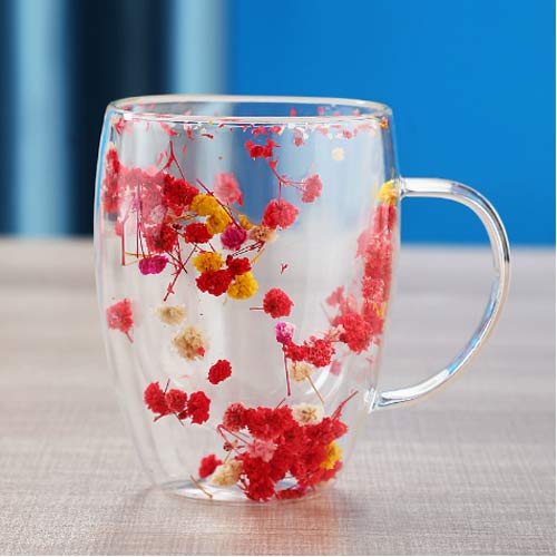 350ml borosilicate double-wall glass cups with dried flower inside