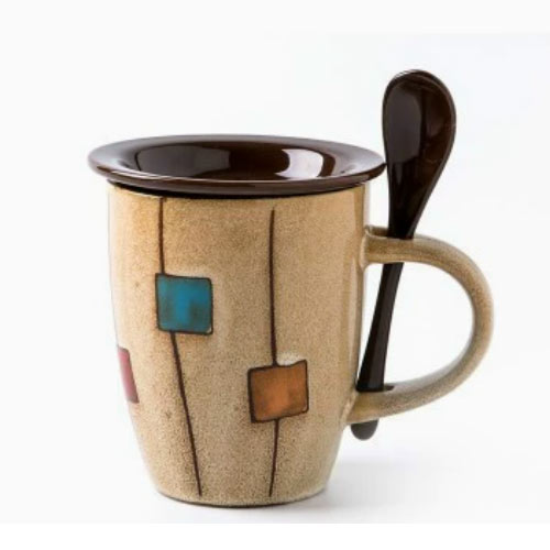 khaki ceramic cup with spoon and lid