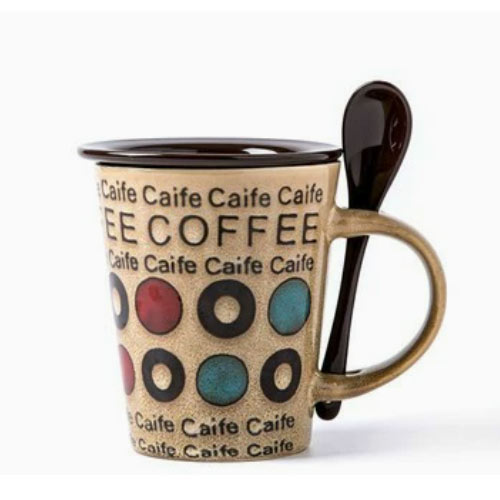 khaki ceramic cup with spoon and lid