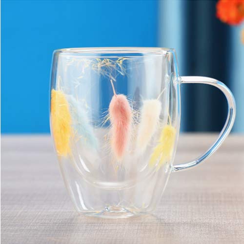 350ml double-wall coffee glass cups with dried flower inside