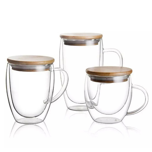 double-wall glass tea cups with handle and wooden lids