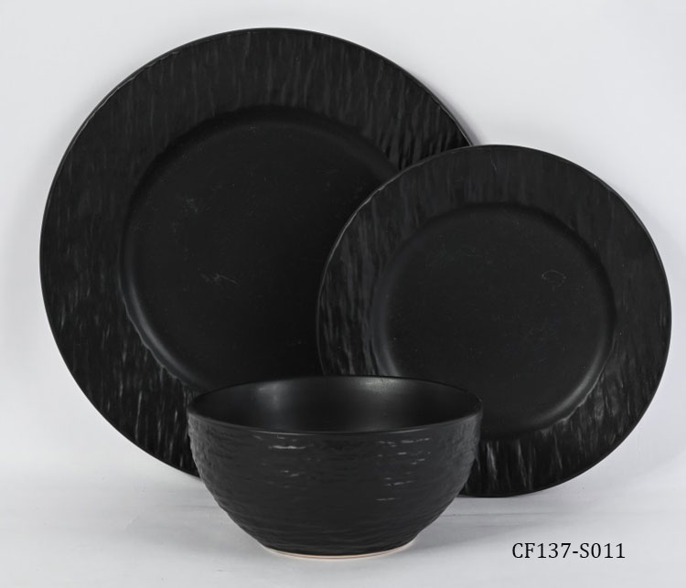 12pcs matte black Linen-Textured dinner set